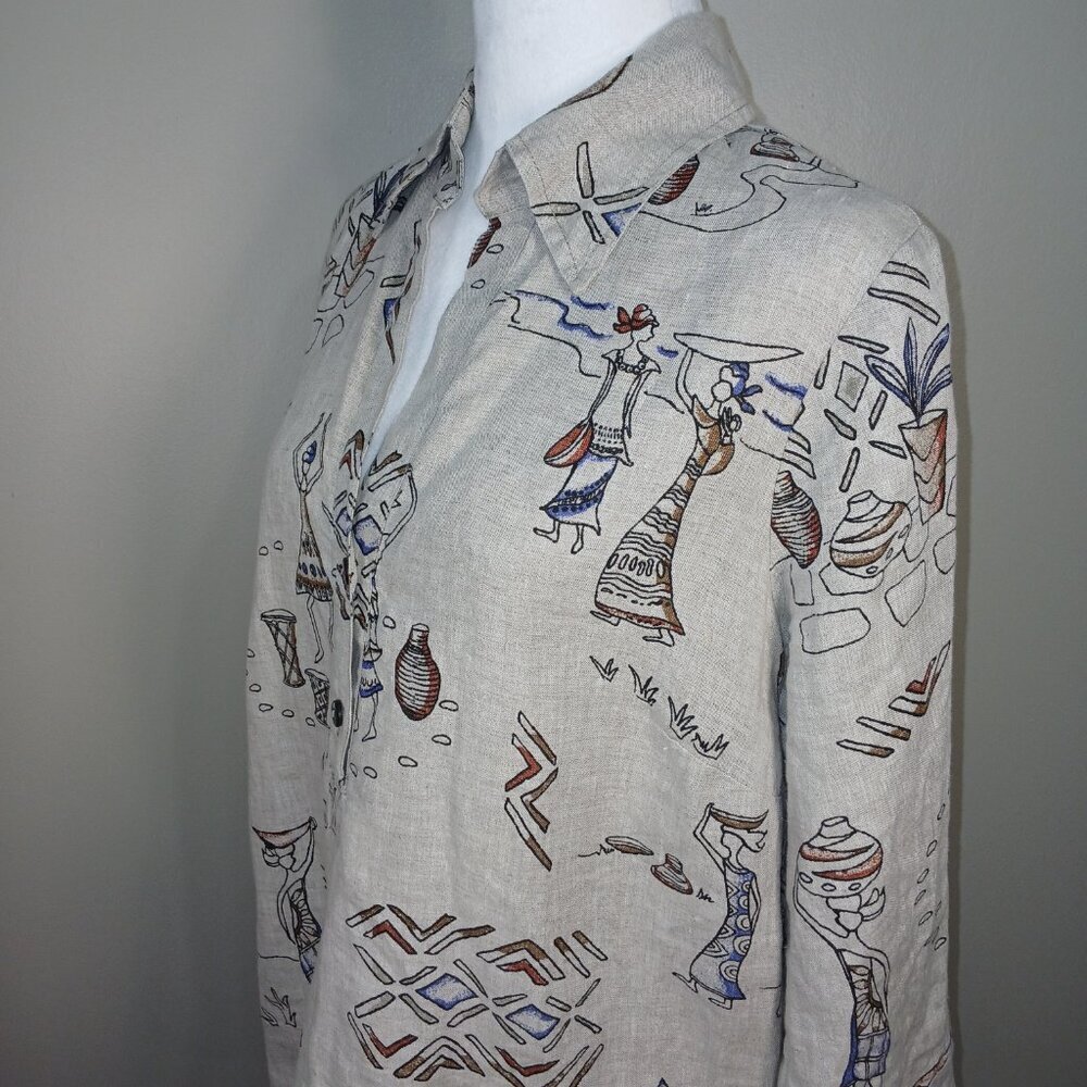 HOT COTTON BY MARC WARE LINEN TOP, SIZE PETITE LARGE, BEIGE, CARIBBEAN ARTSY - Picture 4 of 8